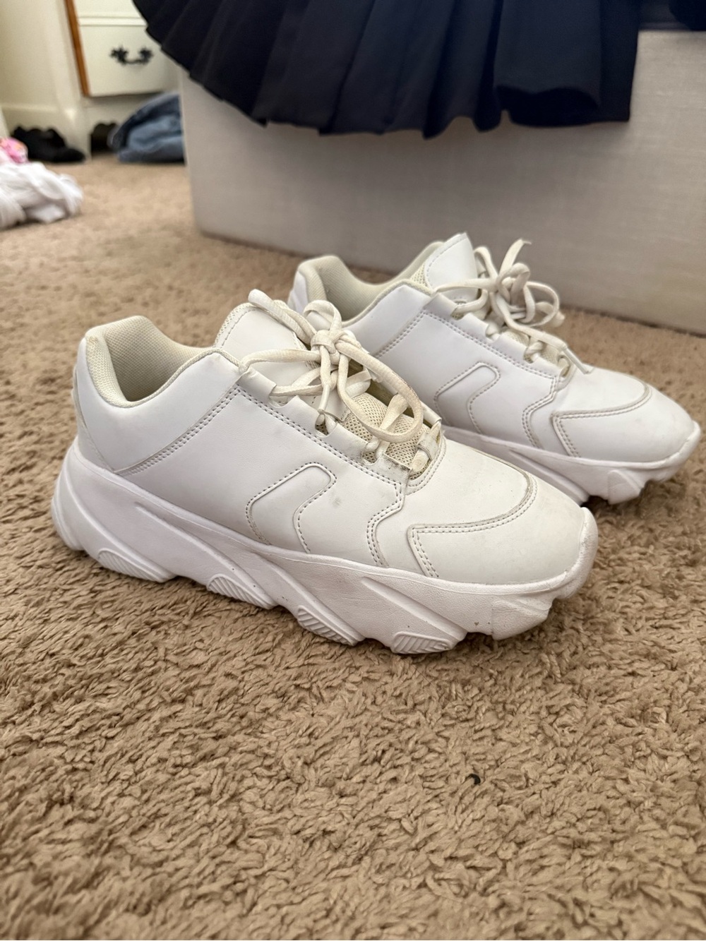 Women's White Chunky Lace-Up Sneakers - Clean Everyday Comfort